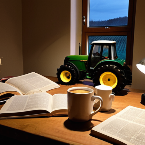 **

A stressed German farmer studying late at night, surrounded by textbooks on agricultural economics and farming techniques. Empty coffee cups litter the desk. A tractor toy sits nearby, a reminder of his goals. The scene is lit by a single desk lamp, casting long shadows. The overall mood is one of intense concentration and pressure. This reflects the challenge of balancing farm work with studying for the *Landwirtschaftsmeister* exam.

**