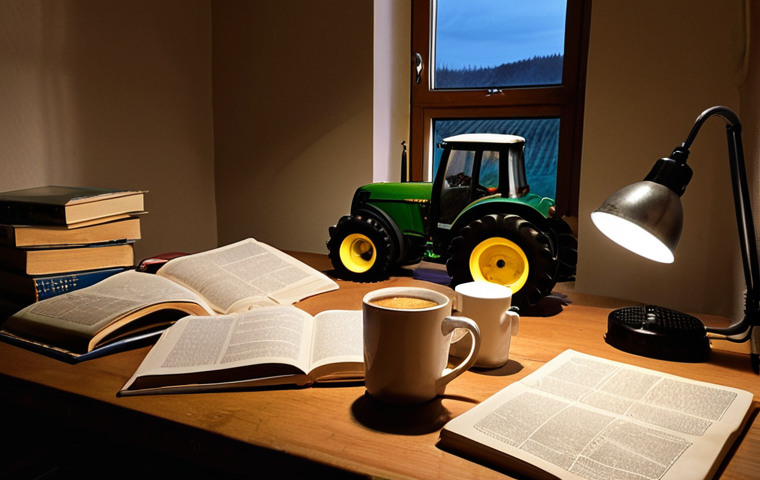 **
A stressed German farmer studying late at night, surrounded by textbooks on agricultural economics and farming techniques. Empty coffee cups litter the desk. A tractor toy sits nearby, a reminder of his goals. The scene is lit by a single desk lamp, casting long shadows. The overall mood is one of intense concentration and pressure. This reflects the challenge of balancing farm work with studying for the *Landwirtschaftsmeister* exam.
**
