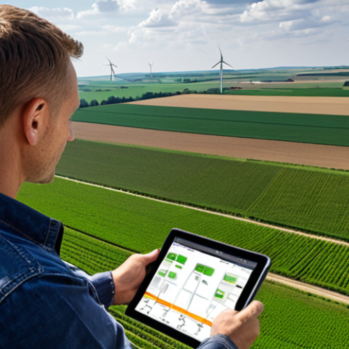 Modern Farm Management**

Prompt: A dynamic image showcasing a modern German farm manager using a tablet to analyze data from drones flying over a vast, green field. In the background, a GPS-guided tractor is working the land. The scene should convey efficiency and technological advancement in agriculture. Include wind turbines in the distance.

**