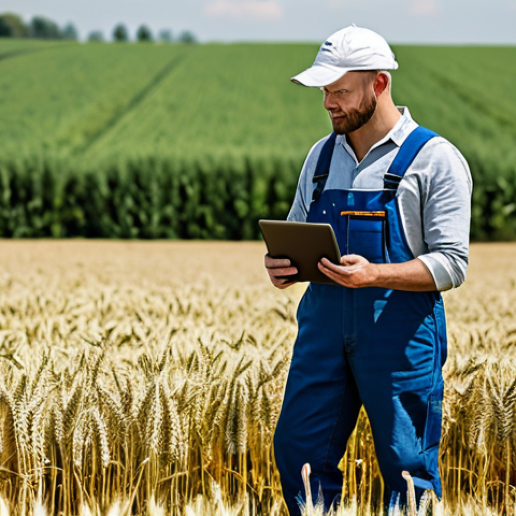 Modern Farm Management**

"A professional farm manager (male, 40s) in appropriate work attire (clean overalls, sturdy boots), standing in a field of wheat, holding a tablet displaying data visualizations related to crop health. Drone visible in the background. Setting: Sunny day on a modern German farm. Focus on precision farming and technological integration. perfect anatomy, correct proportions, well-formed hands, proper finger count, natural pose, safe for work, appropriate content, fully clothed, professional."

**
