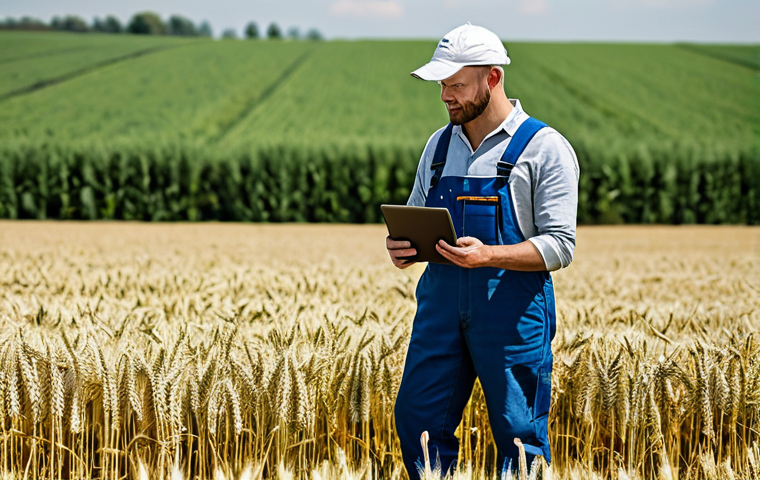 Modern Farm Management**

"A professional farm manager (male, 40s) in appropriate work attire (clean overalls, sturdy boots), standing in a field of wheat, holding a tablet displaying data visualizations related to crop health. Drone visible in the background. Setting: Sunny day on a modern German farm. Focus on precision farming and technological integration. perfect anatomy, correct proportions, well-formed hands, proper finger count, natural pose, safe for work, appropriate content, fully clothed, professional."

**