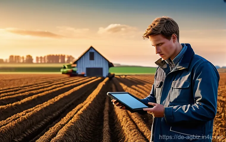 농업경영사 전문 용어 정리 - **Prompt: "A futuristic German farm landscape at dawn, showcasing precision farming in action. A sle...
