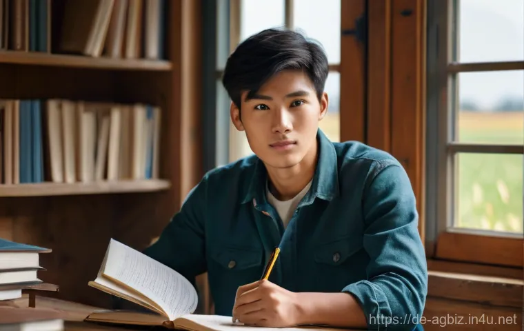 농업경영사 시험 준비를 위한 추천 도서 - **Prompt for "Mastering the Fundamentals":**
    A focused, young farmer, approximately 20-25 years ...