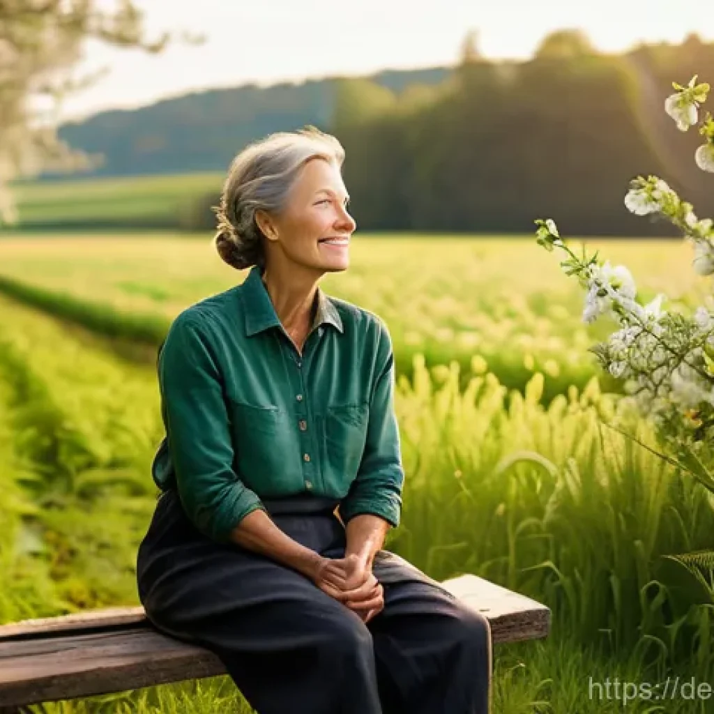 농업경영사 업무 스트레스 관리법 - **A Peaceful Farmer's Retreat:** A middle-aged female farmer, dressed in practical but comfortable f...
