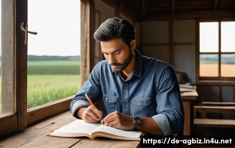 농업경영사 시험 과목별 공부법 - **Prompt 1: Focused Farmer's Study Break**
    "A determined male farmer in his late 30s, dressed in...