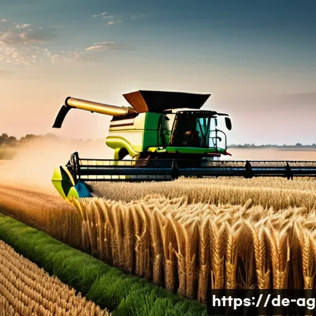 농업경영사 직무의 평균 근무 시간 - A detailed scene of a modern German farm during harvest season at dawn, featuring a GPS-guided combi...