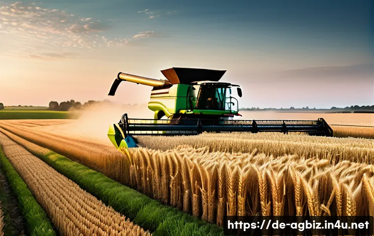 농업경영사 직무의 평균 근무 시간 - A detailed scene of a modern German farm during harvest season at dawn, featuring a GPS-guided combi...