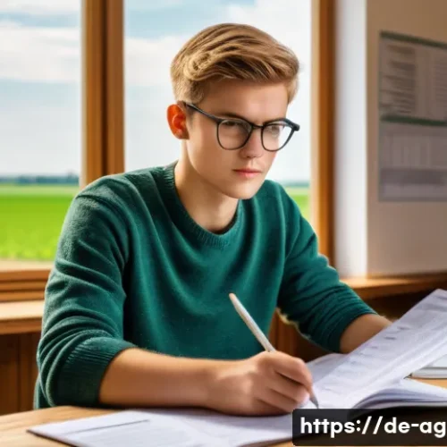 농업경영사 자격증 시험 기출문제 풀이 - A focused German agricultural student sitting at a wooden desk in a bright study room, surrounded by...