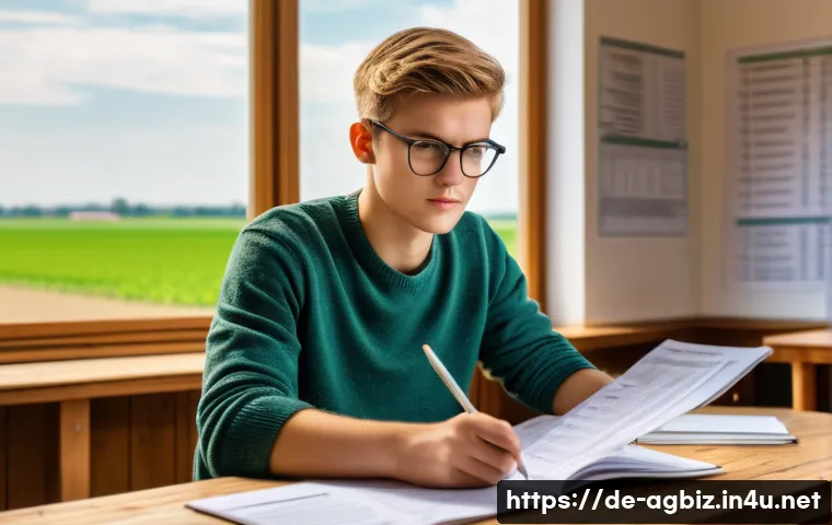농업경영사 자격증 시험 기출문제 풀이 - A focused German agricultural student sitting at a wooden desk in a bright study room, surrounded by...