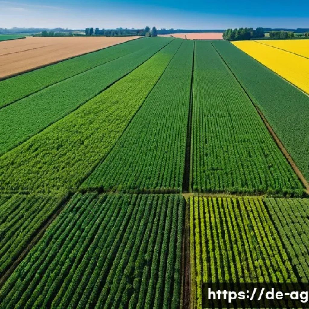 농업경영사와 빅데이터 활용 사례 - A high-resolution aerial view of a large German agricultural field captured by a drone, showing vibr...