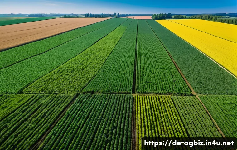 농업경영사와 빅데이터 활용 사례 - A high-resolution aerial view of a large German agricultural field captured by a drone, showing vibr...