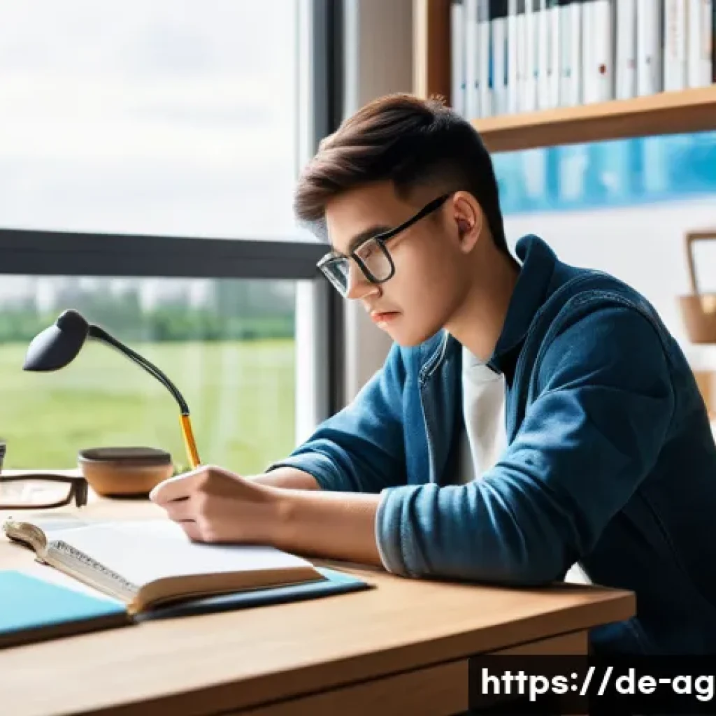 농업경영사 자격증 시험 준비 동기부여 - A focused young adult student sitting at a tidy desk in a bright, modern study room with large windo...