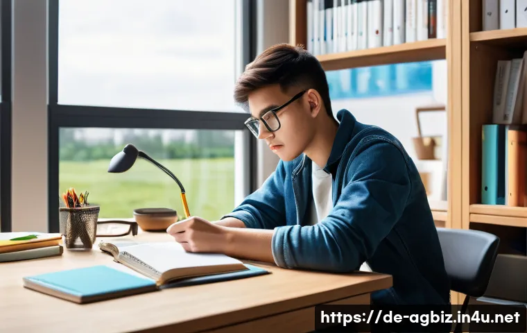 농업경영사 자격증 시험 준비 동기부여 - A focused young adult student sitting at a tidy desk in a bright, modern study room with large windo...