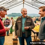 Home 22 농업경영사 네트워크 형성 팁 - A detailed scene showing a group of German farmers in a rustic agricultural fair setting, engaging i...