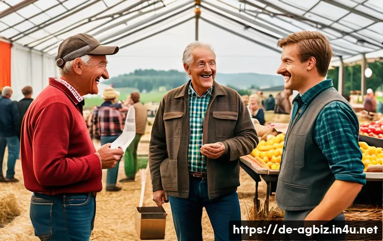 농업경영사 네트워크 형성 팁 - A detailed scene showing a group of German farmers in a rustic agricultural fair setting, engaging i...