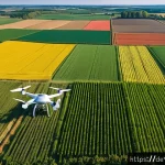 Home 21 농업경영사와 스마트 농업의 접점 - A modern German farm landscape under bright daylight featuring a farmer operating a drone equipped w...
