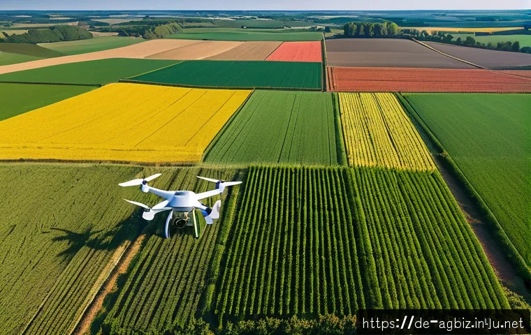 농업경영사와 스마트 농업의 접점 - A modern German farm landscape under bright daylight featuring a farmer operating a drone equipped w...