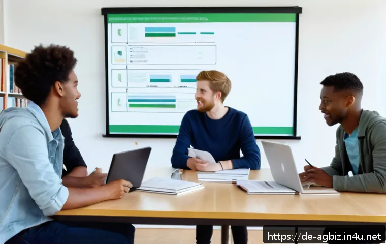 농업경영사 시험 대비 스터디 그룹 운영법 - A diverse study group of young adults in a modern German library setting, sitting around a large woo...