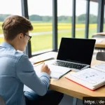 Home 19 농업경영사 이론 정리 노트 작성법 - A focused German university student sitting at a tidy desk in a bright, quiet study room, actively t...