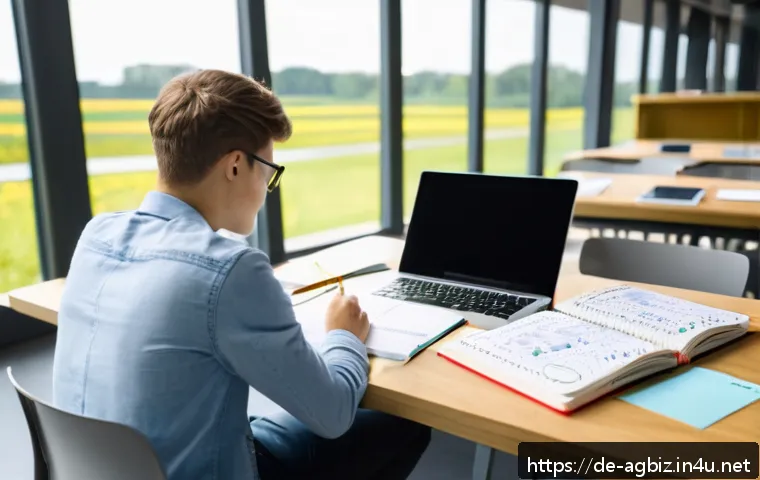 농업경영사 이론 정리 노트 작성법 - A focused German university student sitting at a tidy desk in a bright, quiet study room, actively t...