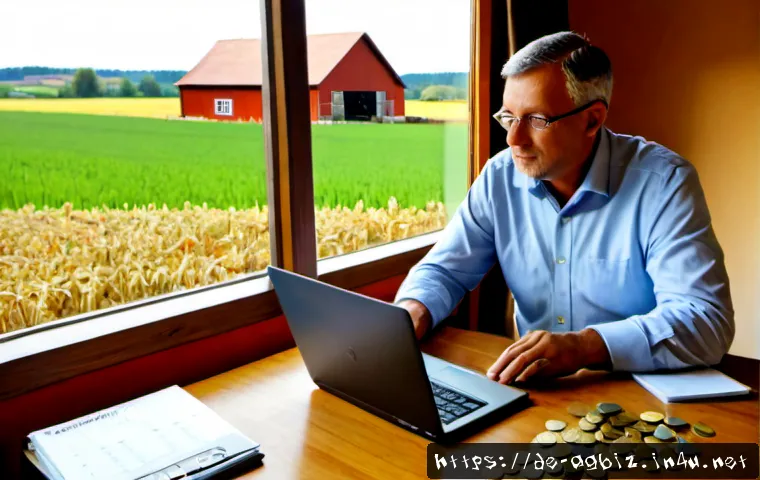 농업경영사 자격증 활용법 - Photorealistic German agricultural business consultant reviewing a farm budget with a middle-aged fa...