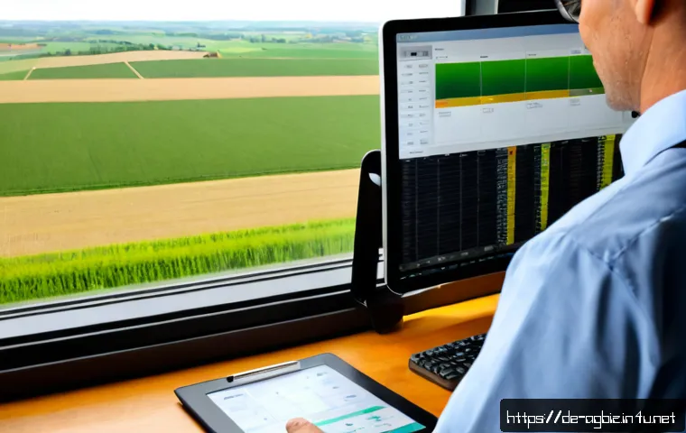 농업경영사 필수 소프트웨어 - Photorealistic modern German farm office, a middle-aged agricultural manager in practical workwear s...